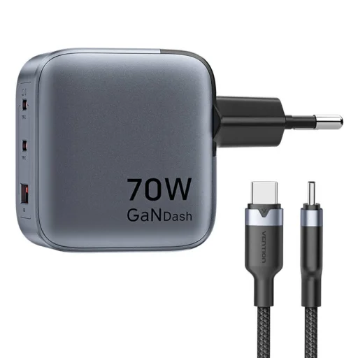 Vention GaN töltő USB-C+C+A 70W +1m USB-C-C kábel (Szürke) - 3
