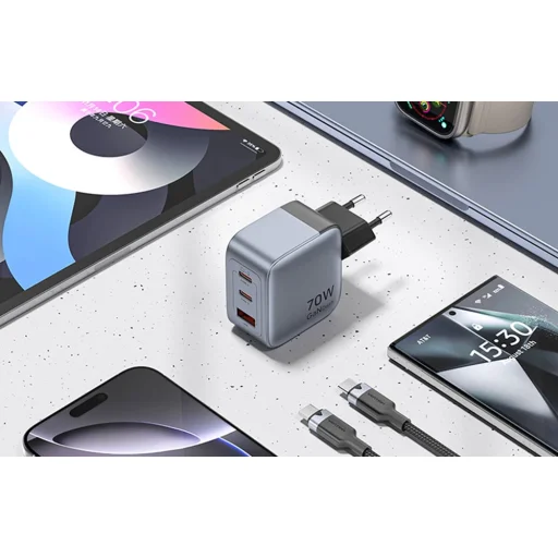 Vention GaN töltő USB-C+C+A 70W +1m USB-C-C kábel (Szürke) - 4
