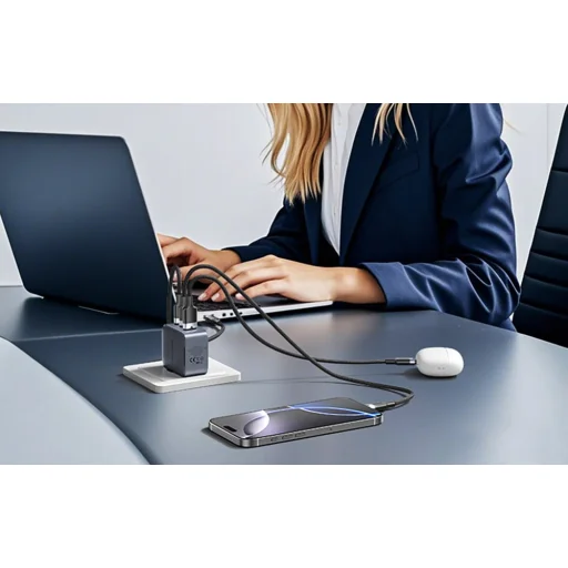 Vention GaN töltő USB-C+C+A 70W +1m USB-C-C kábel (Szürke) - 5