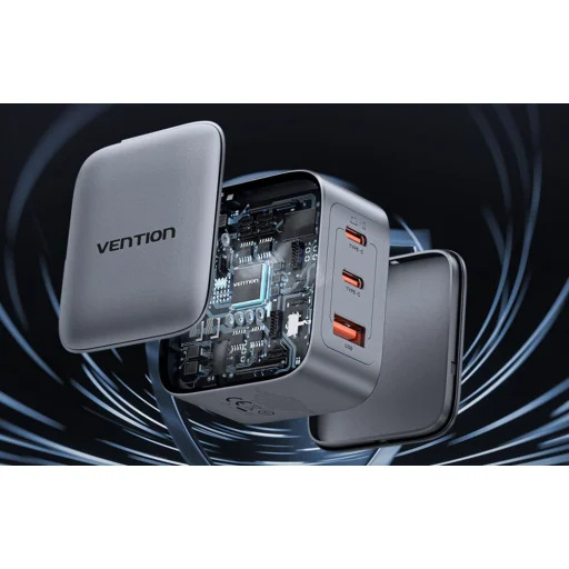 Vention GaN töltő USB-C+C+A 70W +1m USB-C-C kábel (Szürke) - 6