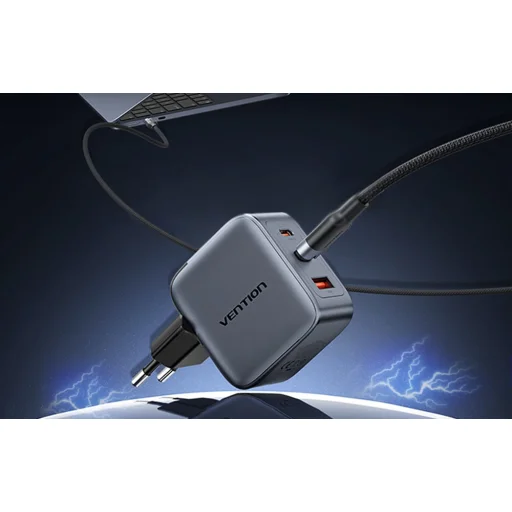 Vention GaN töltő USB-C+C+A 70W +1m USB-C-C kábel (Szürke) - 7