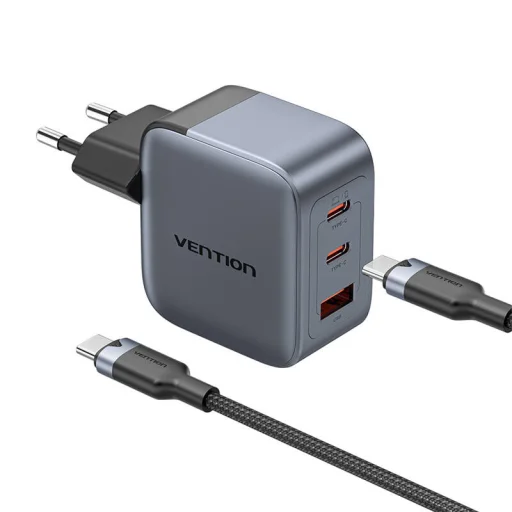 Vention GaN töltő USB-C+C+A 70W +1m USB-C-C kábel (Szürke) - 2