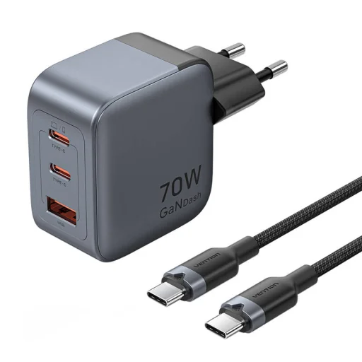 Vention GaN töltő USB-C+C+A 70W +1m USB-C-C kábel (Szürke) - 1