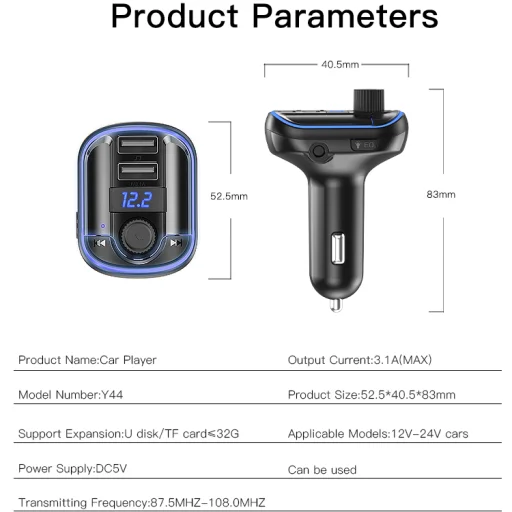 Yesido Transmitter FM Y44 MP3, Bluetooth - 2xUSB + microSD - 20W fekete - 11