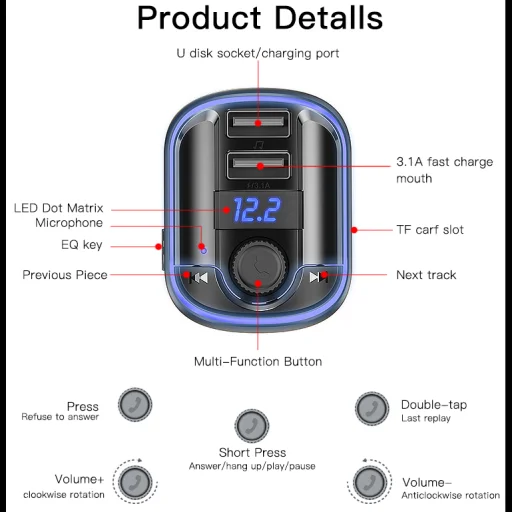 Yesido Transmitter FM Y44 MP3, Bluetooth - 2xUSB + microSD - 20W fekete - 8