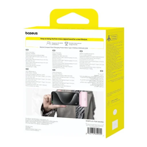 Baseus Kompakt USB-C 5000mAh, 20W teljesítményű Hordozható Akkumulátor (rózsaszín) - 7