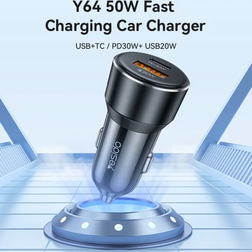 Yesido autós töltő Y64 - USB + Type C - 20W + PD 30W fekete - 2