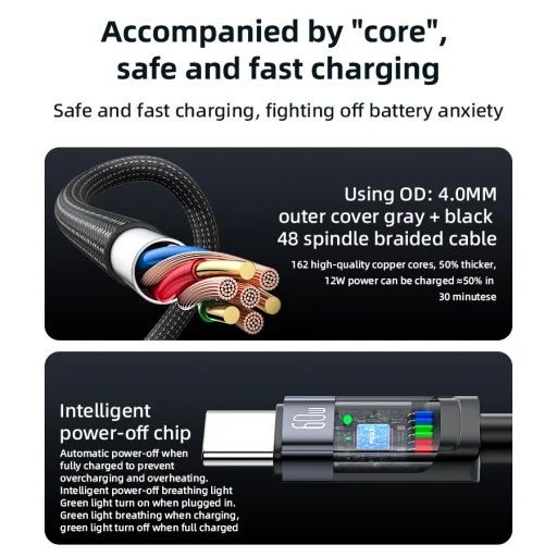 Yesido kábel CA160 fonott - Type C Type C-hez - PD 60W 1,2 méter fekete - 10