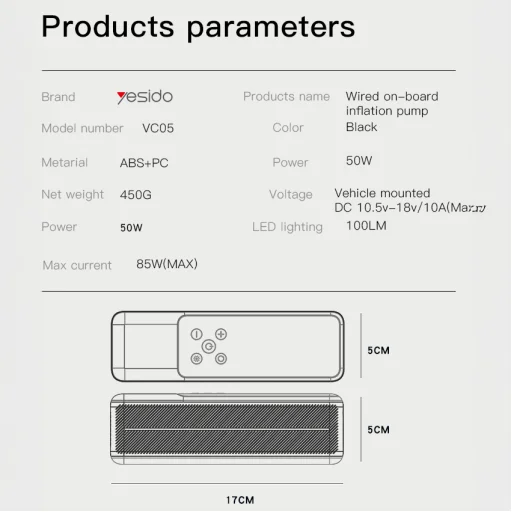 Yesido Electric pump mini légkompresszor VC05 - 17