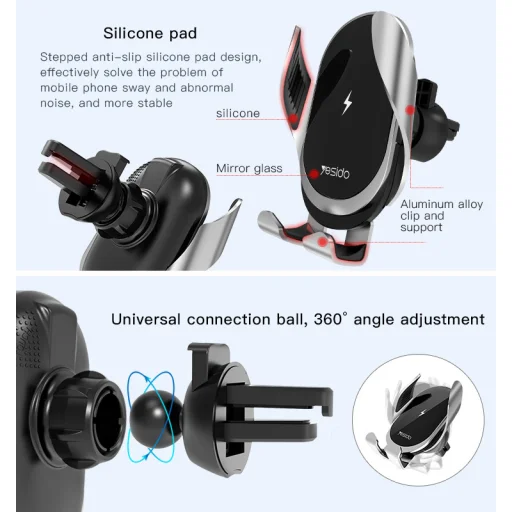 Yesido autós tartó C78 indukciós 15W légbeömlőhöz és szélvédőhöz fekete - 5