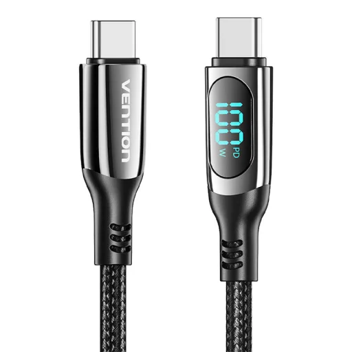 USB 2.0 C-C 100W Vention Férfi 5A LED Kábel 1.2M (Fekete) - 1