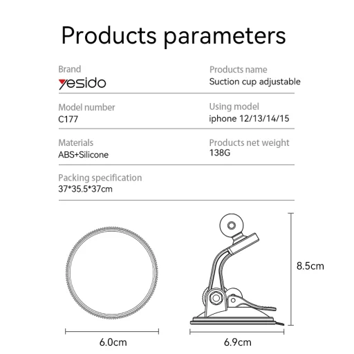 Yesido mágneses autós tartó C177 műszerfalra fekete - 8