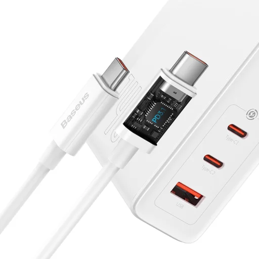 Baseus fali töltő GaN5 Pro PD 140W 2x USB-C 1x USB fehér + USB-C - USB-C 240W kábel - 5