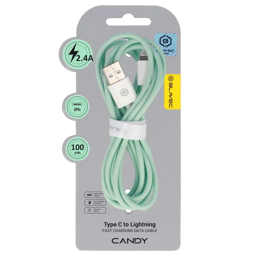 Blavec Cable Candy fonott - USB Lightning kábel - 2,4A 1 méter (CCA-UL24GN10) zöld - 1