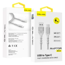 Blavec Kábel Raptor fonott - USB - Type C - 3A 2 méter (CRA-UC3WS20) fehér-ezüst,