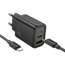 HOCO fali töltő USB A + Type C + kábel Type C to Type C PD QC3.0 3A 30W N63 fekete