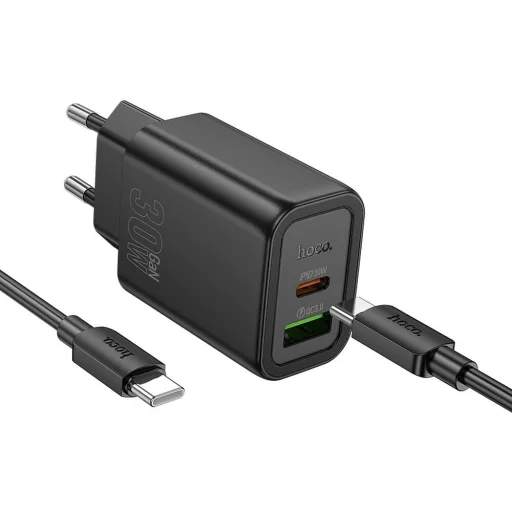 HOCO fali töltő USB A + Type C + kábel Type C to Type C PD QC3.0 3A 30W N63 fekete - 1