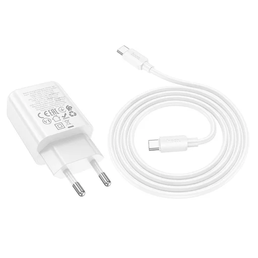 HOCO hálózati töltő USB A + Type C + kábel Type C - Type C PD QC3.0 3A 20W N61 fehér - 2