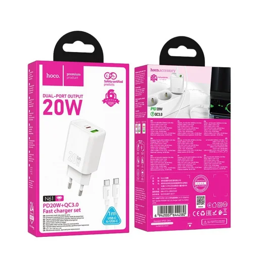 HOCO hálózati töltő USB A + Type C + kábel Type C - Type C PD QC3.0 3A 20W N61 fehér - 4
