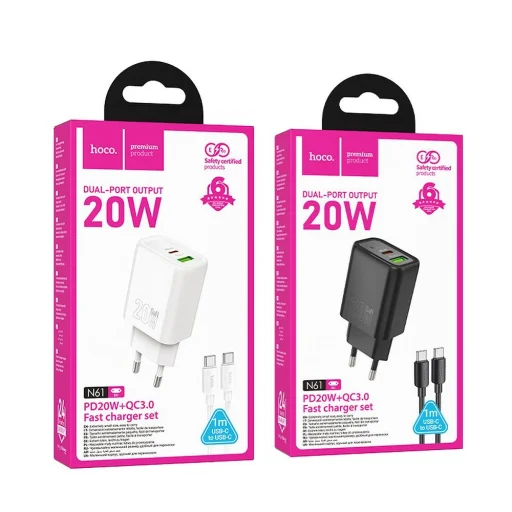 HOCO hálózati töltő USB A + Type C + kábel Type C - Type C PD QC3.0 3A 20W N61 fehér - 5