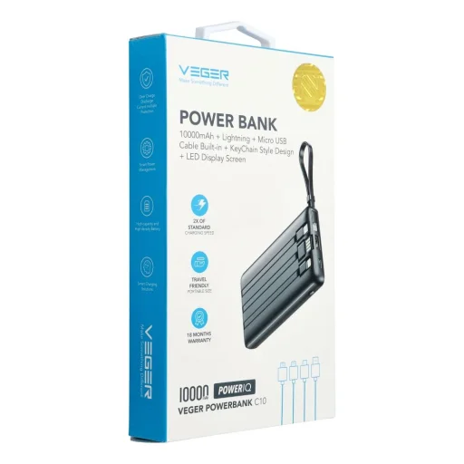 VEGER powerbank 10 000 mAh beépített kábelekkel Micro USB / Type C / Lightning C10 (W1116) fekete - 20