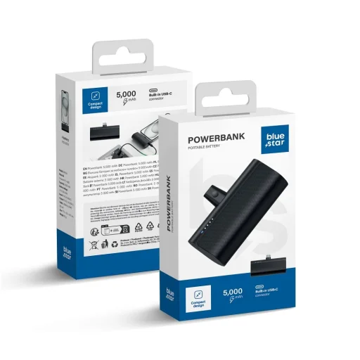 BLUE STAR powerbank 5000 mAh beépített Type C csatlakozóval 2,1A W0556 fekete - 1