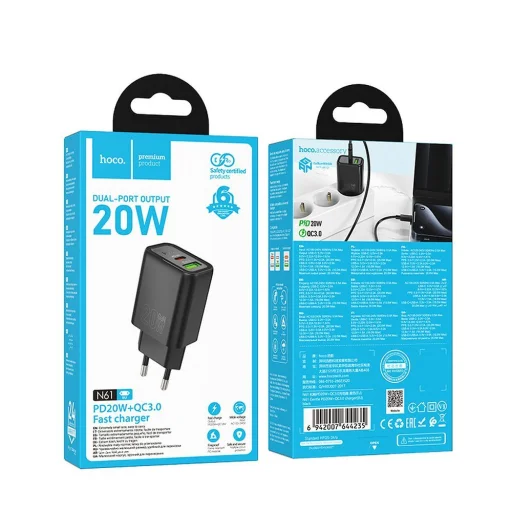 HOCO fali töltő USB A + Type C PD QC3.0 3A 20W N61 fekete - 4