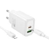 HOCO fali töltő USB A + Type C + kábel Type C to Lightning PD QC3.0 3A 30W N63 fehér - 1