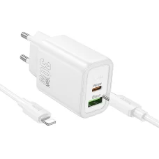 HOCO fali töltő USB A + Type C + kábel Type C to Lightning PD QC3.0 3A 30W N63 fehér