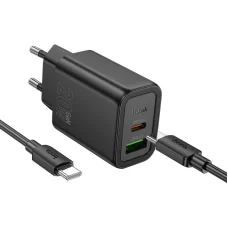 HOCO hálózati töltő USB A + Type C + kábel Type C to Type C PD QC3.0 3A 20W N61 fekete