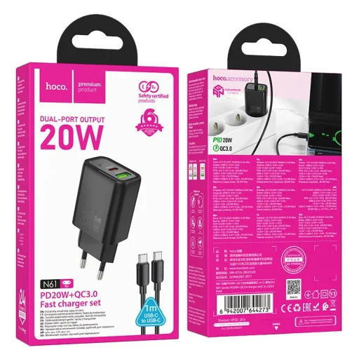 HOCO hálózati töltő USB A + Type C + kábel Type C to Type C PD QC3.0 3A 20W N61 fekete - 6