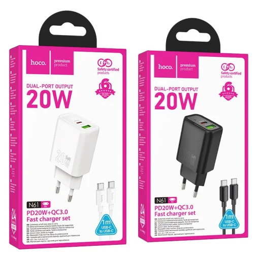HOCO hálózati töltő USB A + Type C + kábel Type C to Type C PD QC3.0 3A 20W N61 fekete - 7