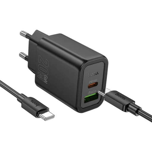 HOCO fali töltő USB A + Type C + kábel Type C - Lightning PD QC3.0 3A 20W N61 fekete - 2