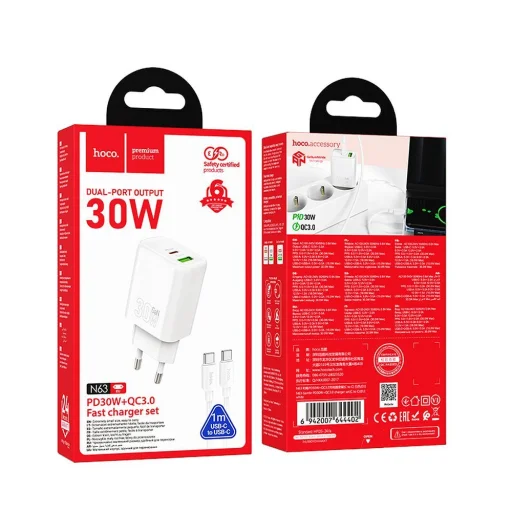 HOCO fali töltő USB-A + Type-C + Type-C - Type-C kábel PD QC3.0 3A 30W N63 fehér - 4