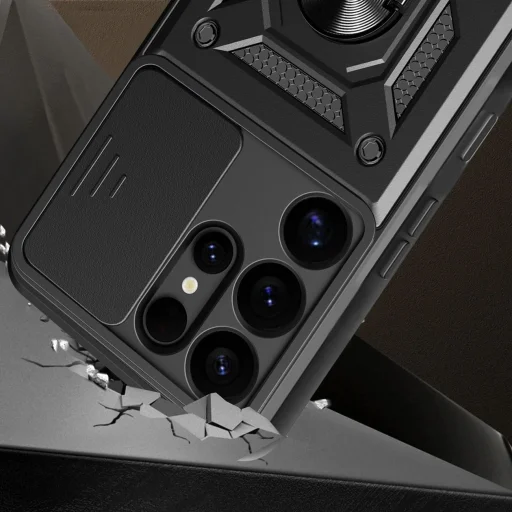 Samsung Galaxy S25 Ultra Páncélozott Hybrid Armor Camshield tok kamera védelemmel és fémgyűrűvel - fekete - 3