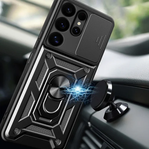 Samsung Galaxy S25 Ultra Páncélozott Hybrid Armor Camshield tok kamera védelemmel és fémgyűrűvel - fekete - 4