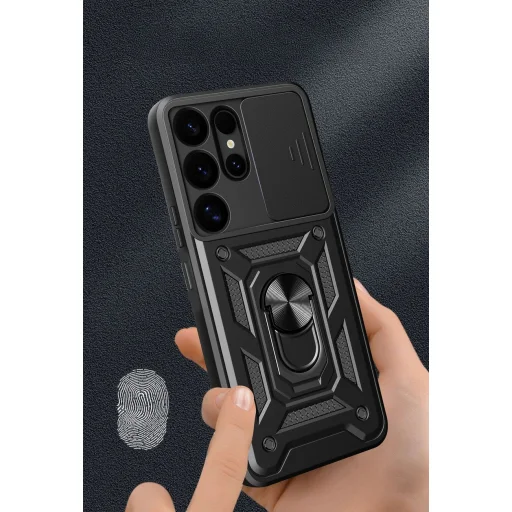 Samsung Galaxy S25 Ultra Páncélozott Hybrid Armor Camshield tok kamera védelemmel és fémgyűrűvel - fekete - 6