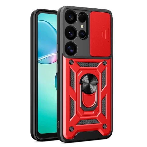 Hibrid páncél Camshield védelmet nyújtó tok kameraborítással és fém gyűrűvel Samsung Galaxy S25 Ultra - piros tok - 1