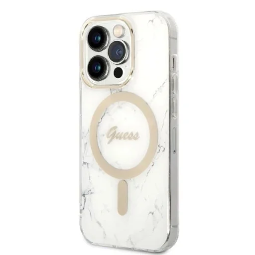 Guess GUBPP14LHMEACSH tok + Töltő Szett iPhone 14 Pro 6.1" fehér/fehér kemény tok márvány MagSafe, - 2
