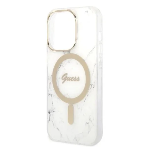 Guess GUBPP14LHMEACSH tok + Töltő Szett iPhone 14 Pro 6.1" fehér/fehér kemény tok márvány MagSafe, - 6