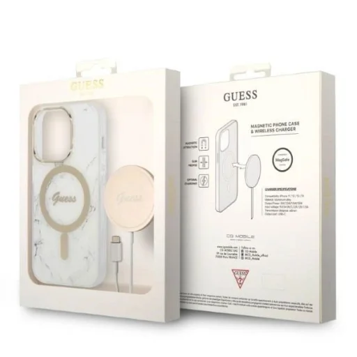 Guess GUBPP14LHMEACSH tok + Töltő Szett iPhone 14 Pro 6.1" fehér/fehér kemény tok márvány MagSafe, - 10