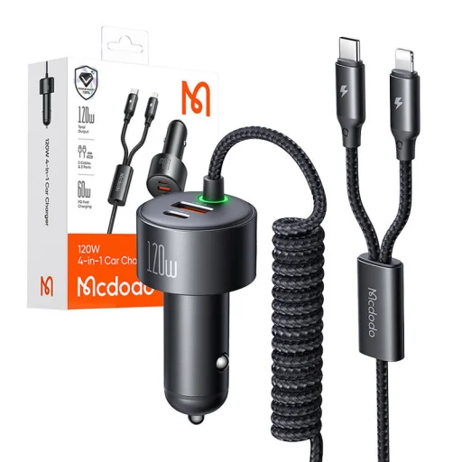 Mcdodo CC-0370 120W 1C+1A autós töltő visszahúzható USB-C és Lightning kábelekkel - 5