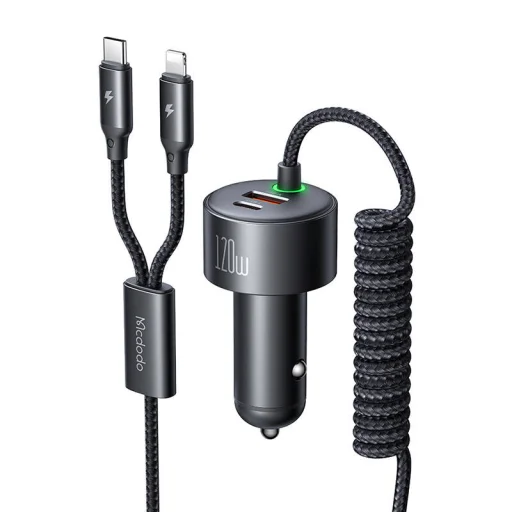 Mcdodo CC-0370 120W 1C+1A autós töltő visszahúzható USB-C és Lightning kábelekkel - 1