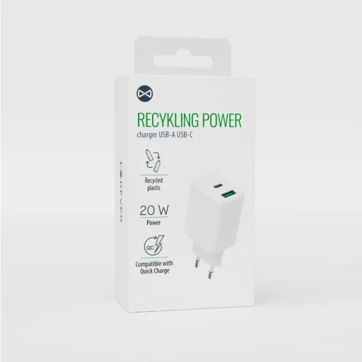 Forever újrahasznosított fali töltő USB + USB-C 20W LSR20-AC-00 fehér - 1