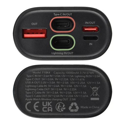 FORCELL F-ENERGY F10K4 powerbank kompatibilis Apple Watch-sal PD QC3.0 3A 22,5W 10000 mAh fekete - 6