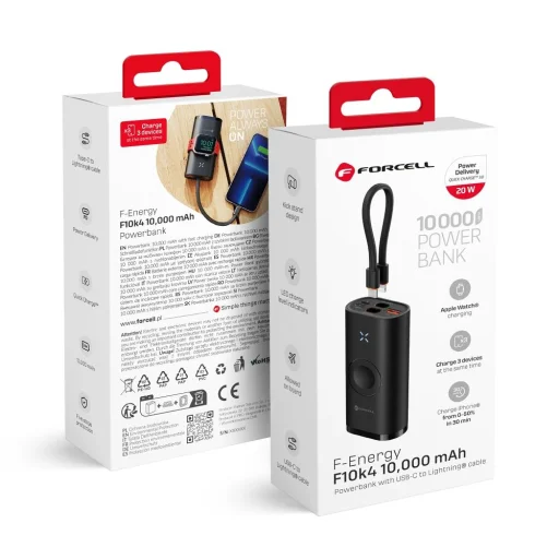 FORCELL F-ENERGY F10K4 powerbank kompatibilis Apple Watch-sal PD QC3.0 3A 22,5W 10000 mAh fekete - 1