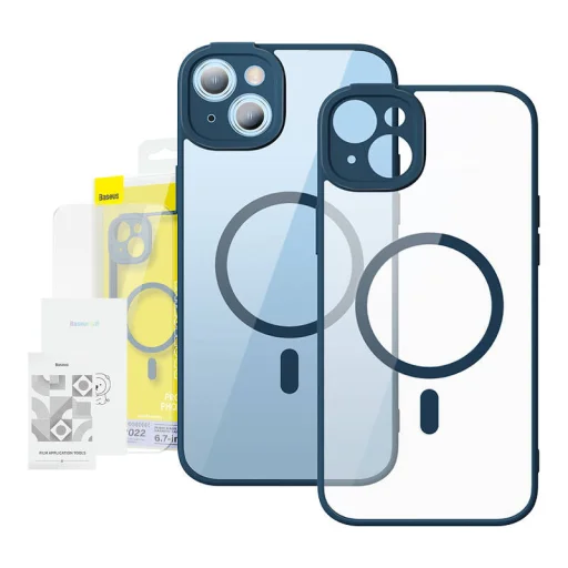 Baseus Frame iPhone 14 Plus Átlátszó mágneses tok és üvegfólia (kék) tok - 1