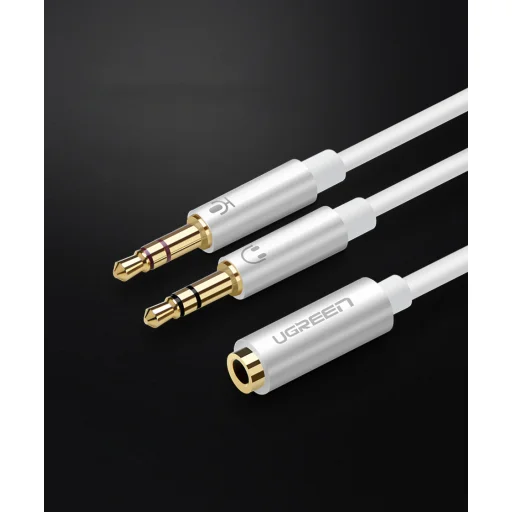 UGREEN AV140 Audio elosztó, AUX fejhallgató + mikrofon 3,5 mm-es mini jack kábel, 28 cm, ABS (fehér) - 2