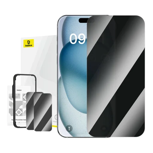 Privacy Edzett Üvegfólia Baseus Superior iPhone 15 + 2x tisztítókészlet és EasyStick (áttetsző) üvegfólia - 5