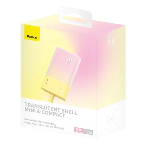 Baseus Popsicle 5200mAh 20W Powerbank beépített Lightning kábellel (+ Fehér Baseus Simple USB-C - USB-C 60W/20V/3A/30cm kábel) - Sárga-Rózsaszín - 11